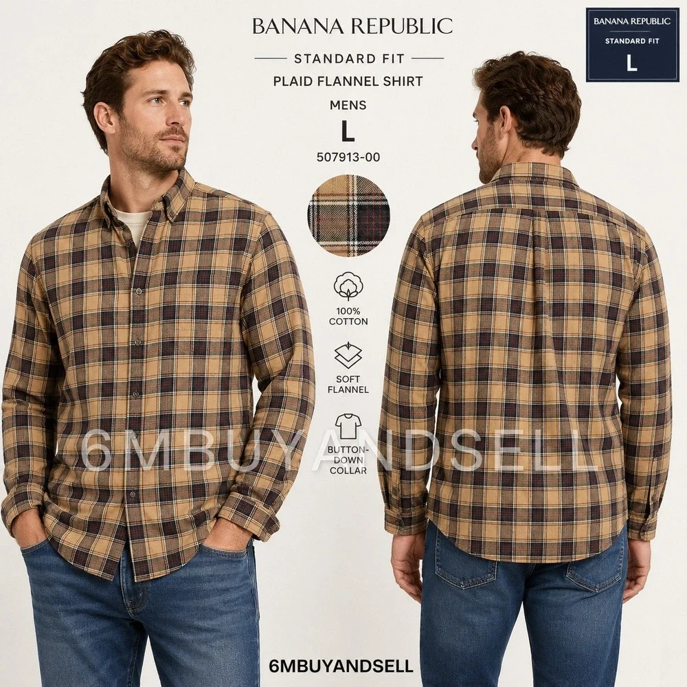Banana Republic Mens L Plaid Flannel‎ Shirt Tan Brown Red NWT Cotton